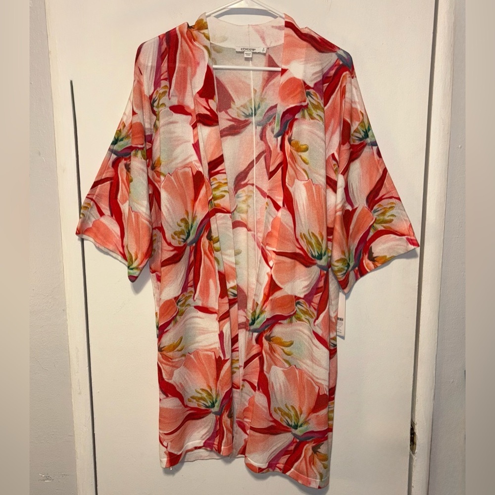 NWT Chico’s Cardigan Sweater Lily Floral SR Midi Bahamian Pink Size 2 Large